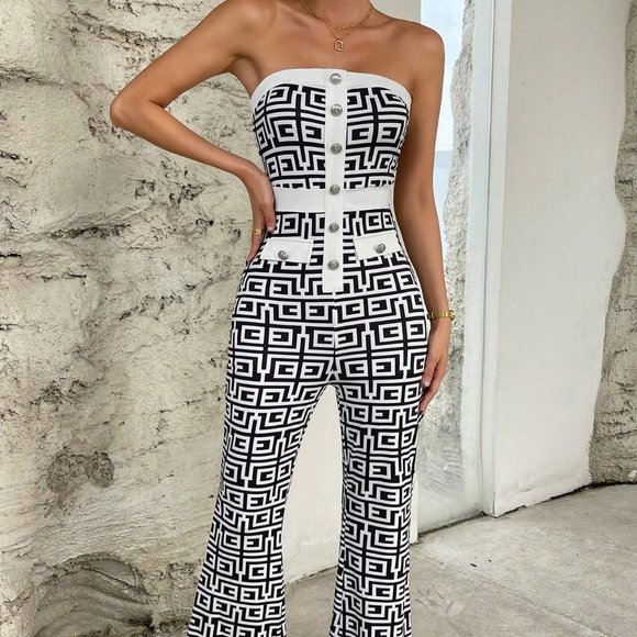 White & Black Preppy Womens Geo Print Button Front Tube Jumpsuit - Picture 6 of 6